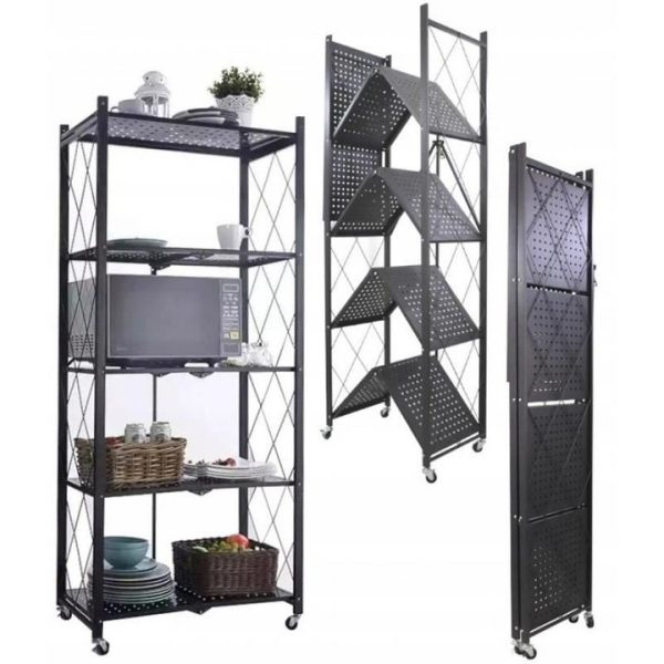 Raft depozitare, metalic, pliabil, pe roti, 5 polite, negru, 50 kg, 72x34x163 cm