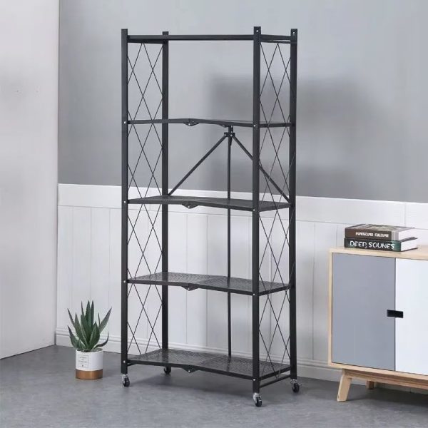 Raft depozitare, metalic, pliabil, pe roti, 5 polite, negru, 50 kg, 72x34x163 cm