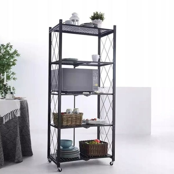 Raft depozitare, metalic, pliabil, pe roti, 5 polite, negru, 50 kg, 72x34x163 cm