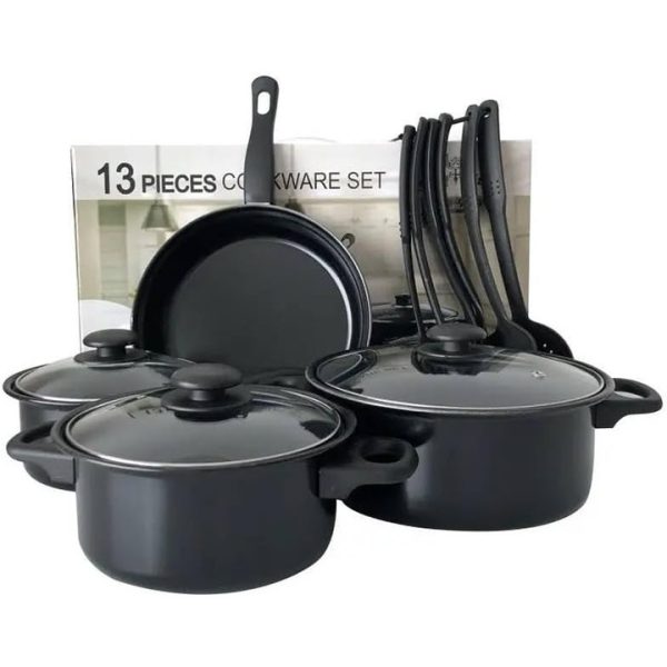 Vase de gatit antiaderente, 13 piese, Negre, Otel carbon durabil, Manere confortabile, Capac din sticla securizata