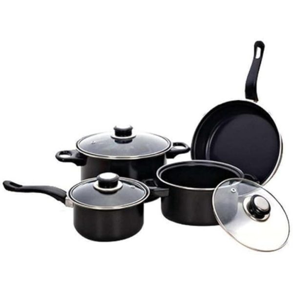 Vase de gatit antiaderente, 13 piese, Negre, Otel carbon durabil, Manere confortabile, Capac din sticla securizata